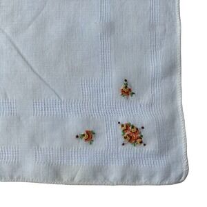 Handkerchief White 12x12” Hankie Embroidered Flowers Floral Orange